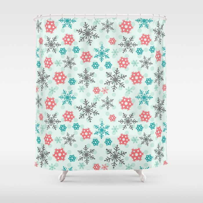 Snowflakes and Polka Dots in Mint Green, red, and Gray Shower Curtain