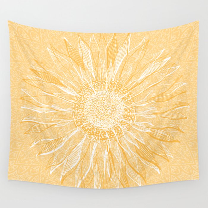 Mandala, Sunflower Prints, Yellow Wall Tapestry