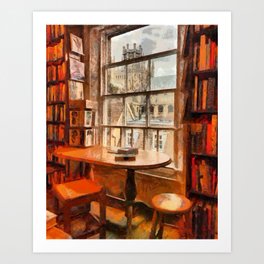 Bookstore with views of the Ely Cathedral in Ely, a historic city in Cambridgeshire, England Art Print