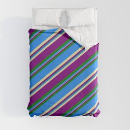 [ Thumbnail: Blue, Pale Goldenrod, Purple & Green Colored Lined/Striped Pattern Duvet Cover ]