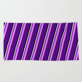 [ Thumbnail: Eyecatching Dark Orchid, Violet, Indigo, Black & White Colored Stripes/Lines Pattern Beach Towel ]