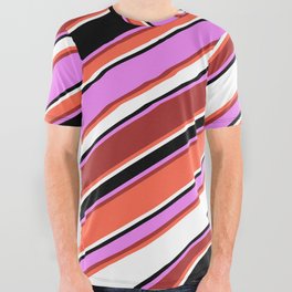 [ Thumbnail: Eye-catching Violet, Brown, Red, White & Black Colored Striped/Lined Pattern All Over Graphic Tee ]