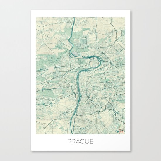 Prague Map Blue Vintage Canvas Print