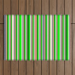 [ Thumbnail: Eyecatching Lime, Green, Dark Salmon, Slate Gray & Beige Colored Striped/Lined Pattern Outdoor Rug ]