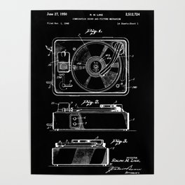 Turntable Patent - White on Black Poster