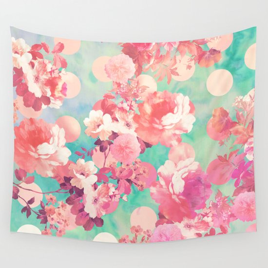 Pink Wall Tapestry romantic pink retro floral pattern teal polka dots wall tapestry Pink Wall Tapestry romantic pink retro floral pattern teal polka dots wall tapestry