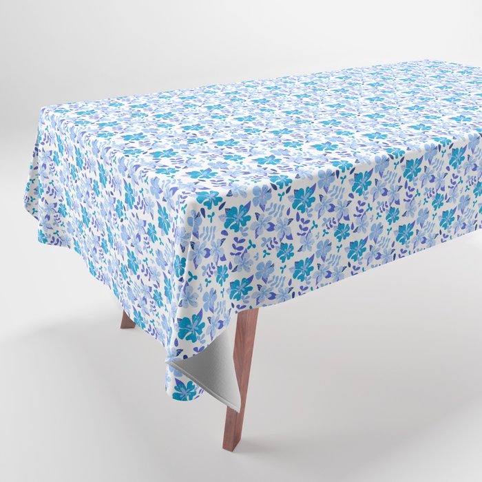 Small Tropical Blue and Indigo Hibiscus Floral Repeat on White Tablecloth