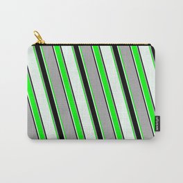 [ Thumbnail: Dark Gray, Lime, Mint Cream & Black Colored Stripes/Lines Pattern Carry-All Pouch ]