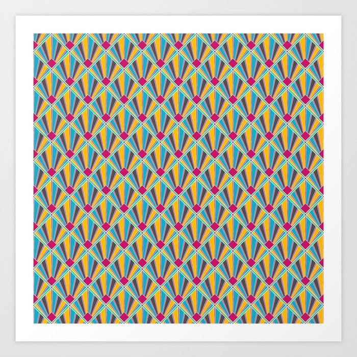 Geometric Art Deco Inverse Sunray TIle Pattern in Primary Colors c.CLRPTTRN Art Print