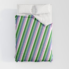 [ Thumbnail: Green, Dark Sea Green, Blue, Plum & White Colored Pattern of Stripes Comforter ]