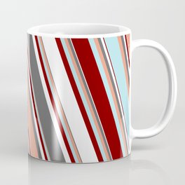 [ Thumbnail: Colorful Dim Grey, Dark Salmon, Powder Blue, Maroon & White Colored Pattern of Stripes Coffee Mug ]