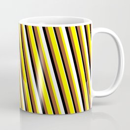 [ Thumbnail: Yellow, Sienna, Black, and White Colored Lined/Striped Pattern Coffee Mug ]