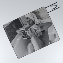 Bath in Milan, Italy, Cold Water Flat, female nude reading black and white art photography- photograph - photographs wall decor Picnic Blanket