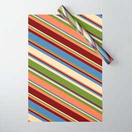 [ Thumbnail: Blue, Beige, Green, Coral, and Maroon Colored Lined Pattern Wrapping Paper ]