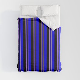 [ Thumbnail: Plum, Black, and Blue Colored Lines Pattern Duvet Cover ]
