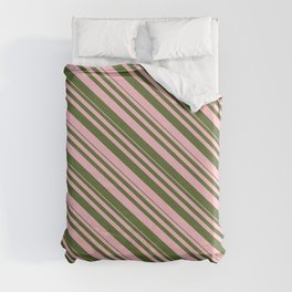 [ Thumbnail: Pink and Dark Olive Green Colored Lines/Stripes Pattern Duvet Cover ]