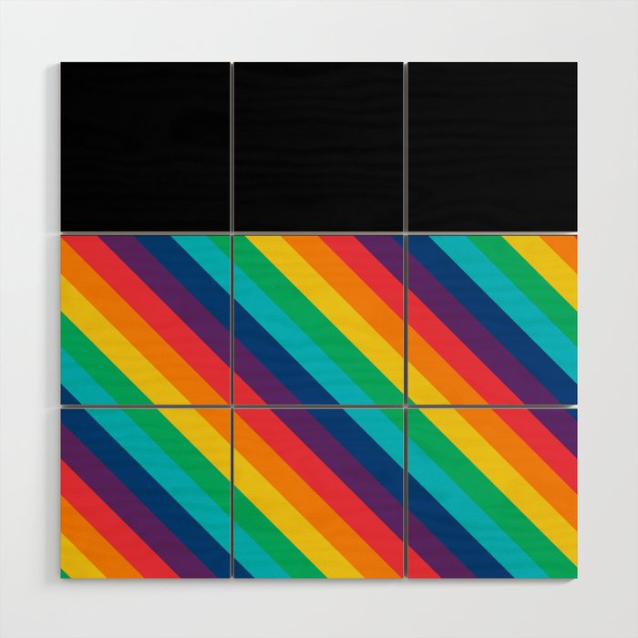 Black & Rainbow Diagonal Stripes Wood Wall Art