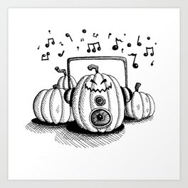 Jammin Pumpkin Art Print | Drawing, Halloween, Jammin, Headphones, Crosshatching, Black And White, Ink Pen, Pumpkin, Speakers, Music 