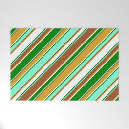 [ Thumbnail: Vibrant Aquamarine, Sienna, Goldenrod, White & Green Colored Lines/Stripes Pattern Welcome Mat ]