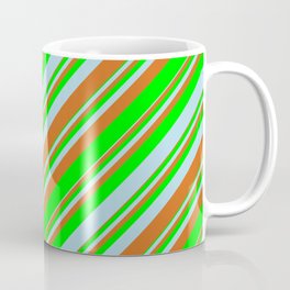 [ Thumbnail: Chocolate, Lime & Light Blue Colored Lined/Striped Pattern Coffee Mug ]