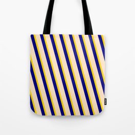 [ Thumbnail: Yellow, Blue, and Bisque Colored Stripes Pattern Tote Bag ]