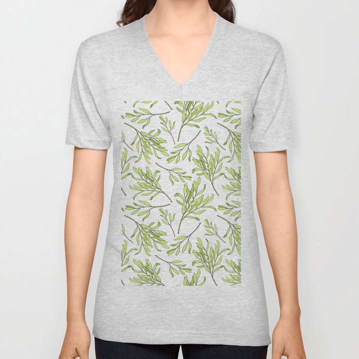 Tea tree leaves seamless pattern. Hand drawn vintage illustration of Melaleuca. Green medicinal plant isolated on white background.  V Neck T Shirt