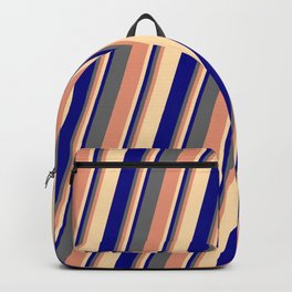 [ Thumbnail: Dim Gray, Dark Salmon, Tan & Blue Colored Lined/Striped Pattern Backpack ]