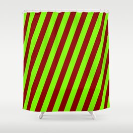 [ Thumbnail: Green & Dark Red Colored Lines Pattern Shower Curtain ]