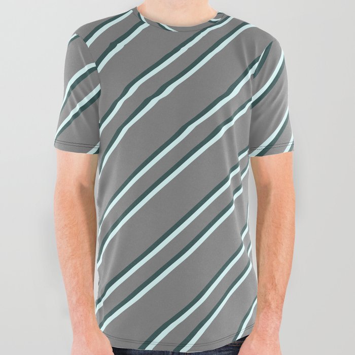 Gray, Dark Slate Gray, and Light Cyan Colored Striped/Lined Pattern All Over Graphic Tee