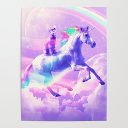 Kitty Cat Riding On Flying Unicorn With Rainbow Poster