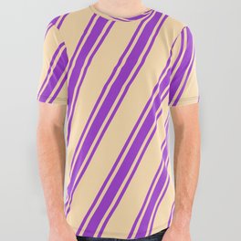 [ Thumbnail: Tan and Dark Orchid Colored Lines/Stripes Pattern All Over Graphic Tee ]