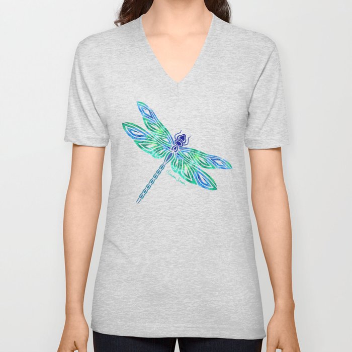 Tribal Dragonfly Blues and Greens V Neck T Shirt