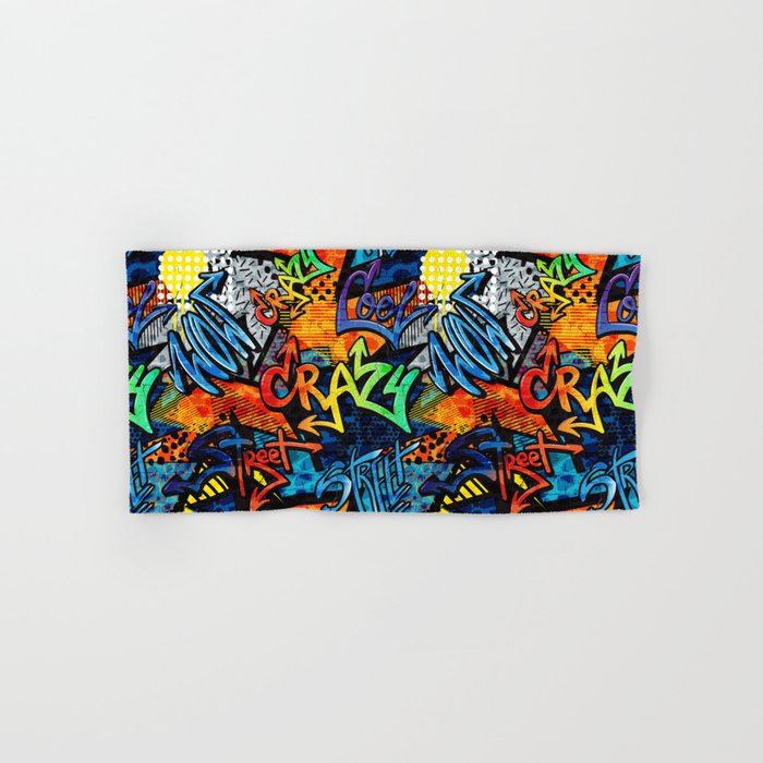 Abstract bright graffiti pattern. With bricks, paint drips, words in graffiti style. Graphic urban design Hand & Bath Towel