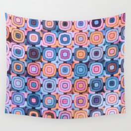 Colorful Retro Geometric Squares Sepia Blue Pink Peach Wall Tapestry