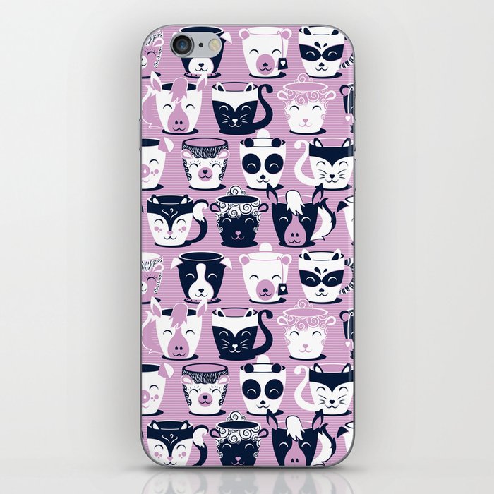 Cuddly Tea Time // white navy & light orchid pink animal mugs iPhone Skin