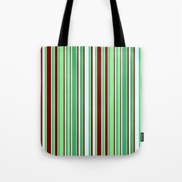 [ Thumbnail: Sea Green, Light Green, Maroon, and Light Cyan Colored Striped Pattern Tote Bag ]