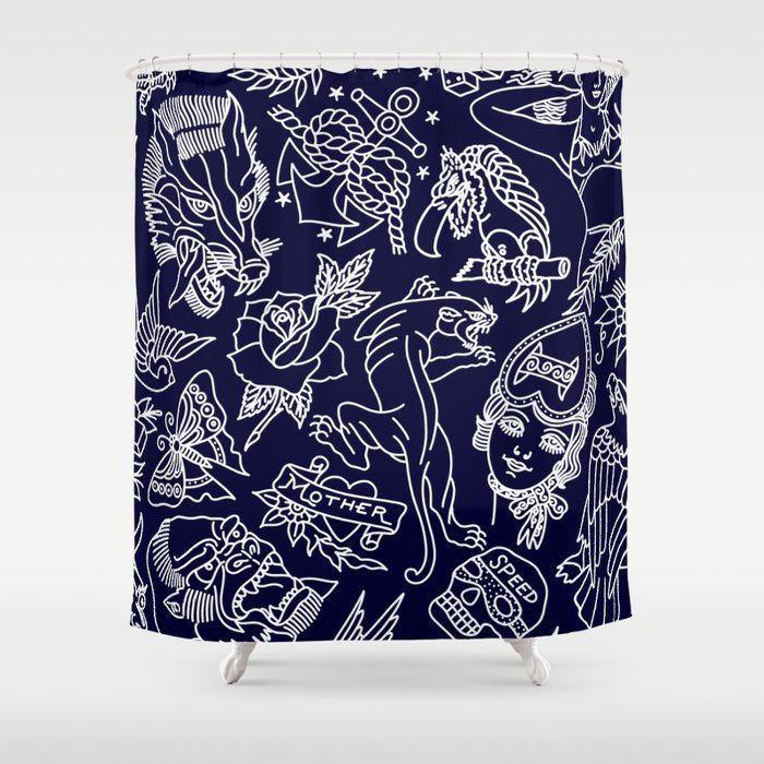 Traditional Tattoo Blue Print Shower Curtain By Ozzyink