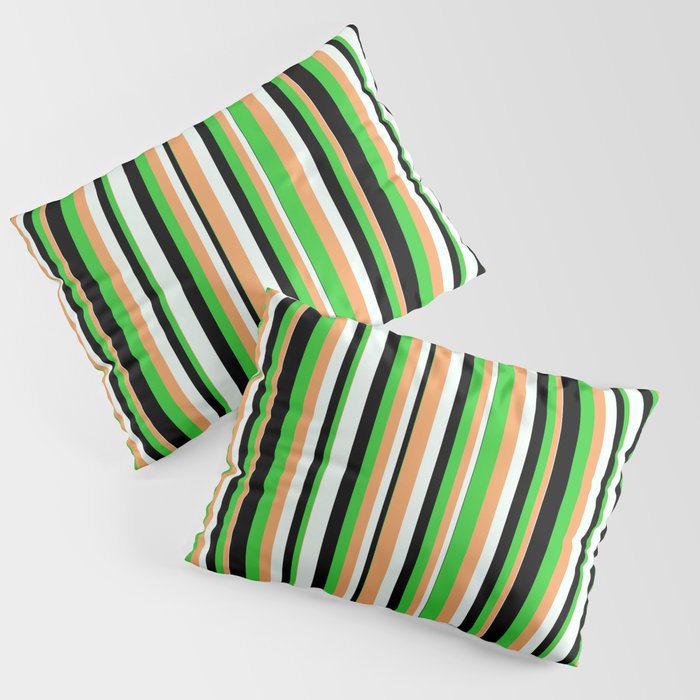 Brown, Lime Green, Black & Mint Cream Colored Stripes Pattern Pillow Sham