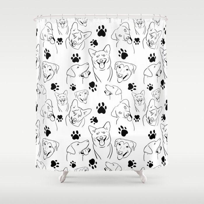 Happy Dogs with paw prints black and white Shower Curtain