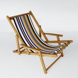 [ Thumbnail: Tan, Dark Goldenrod, Black, White & Midnight Blue Colored Lines/Stripes Pattern Sling Chair ]