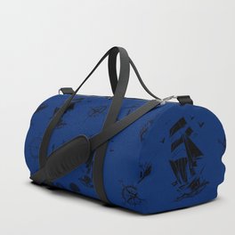 Blue And Black Silhouettes Of Vintage Nautical Pattern Duffle Bag