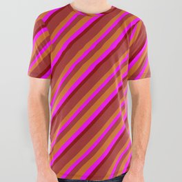 [ Thumbnail: Brown, Chocolate, Fuchsia, and Dark Red Colored Pattern of Stripes All Over Graphic Tee ]