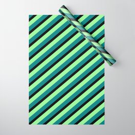 [ Thumbnail: Green, Teal & Black Colored Striped Pattern Wrapping Paper ]
