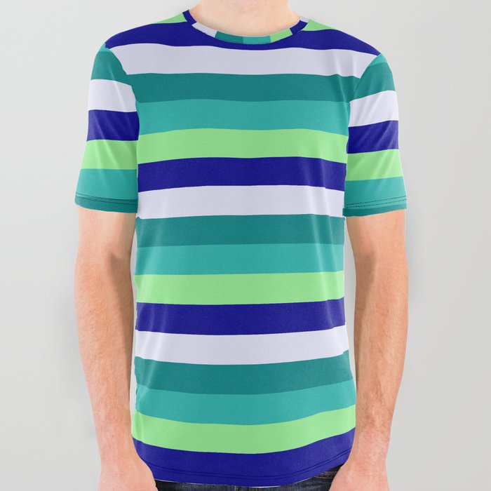 Colorful Light Sea Green, Light Green, Dark Blue, Lavender, and Teal Colored Stripes/Lines Pattern All Over Graphic Tee