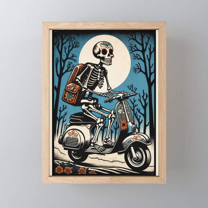 Mexican Sugar Skull Skeleton Ridding a Scooter Framed Mini Art Print