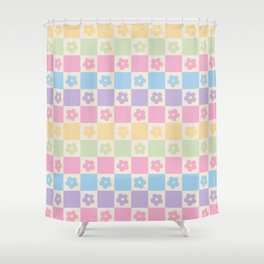 Checkered Flower Power Danish Pastel Rainbow Tones Shower Curtain