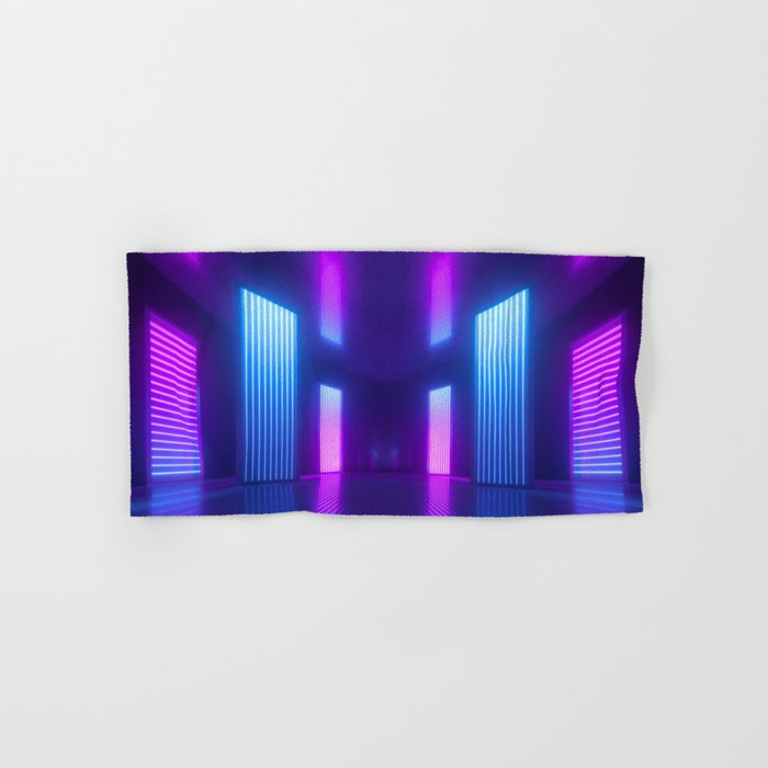 3d, blue pink violet neon abstract background, ultraviolet light, night club empty room interior, tunnel or corridor, glowing panels, fashion podium, performance stage decorations,  Hand & Bath Towel
