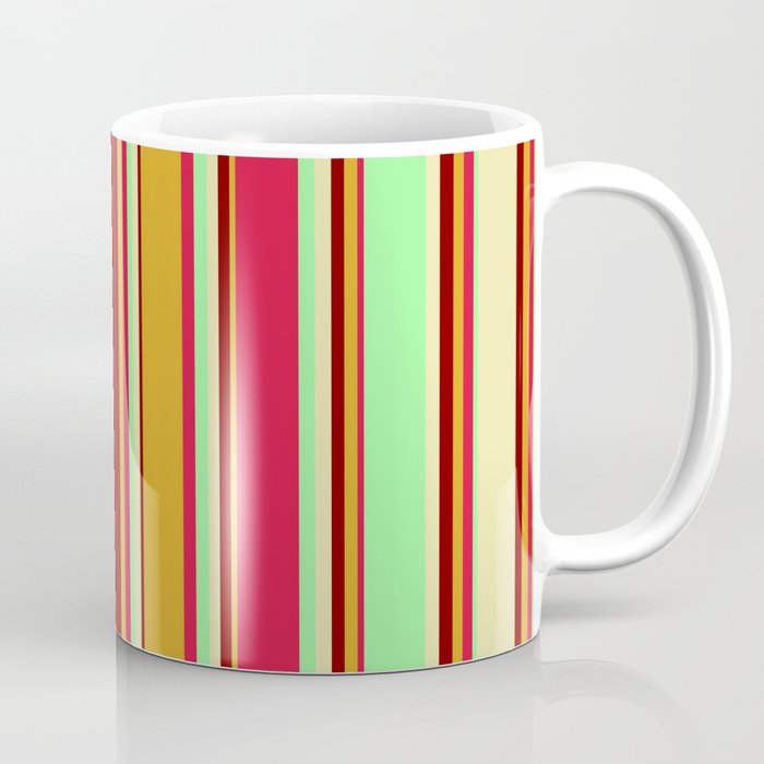 Colorful Goldenrod, Maroon, Pale Goldenrod, Green, and Crimson Colored Lined Pattern Coffee Mug