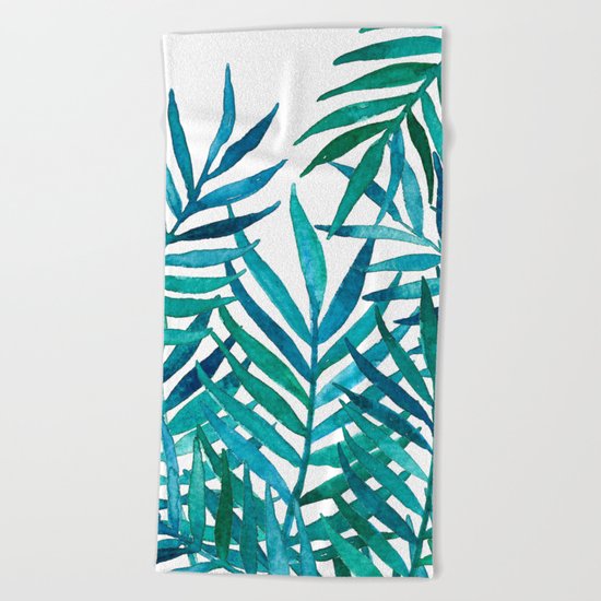 Watercolor Palm Leaves on White Beach Towel