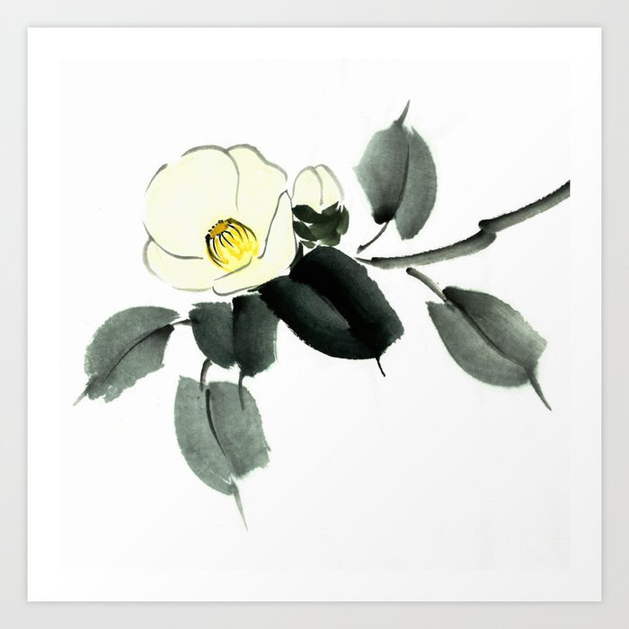 White camellia sumi ink and japanese watercolor painting Art Print